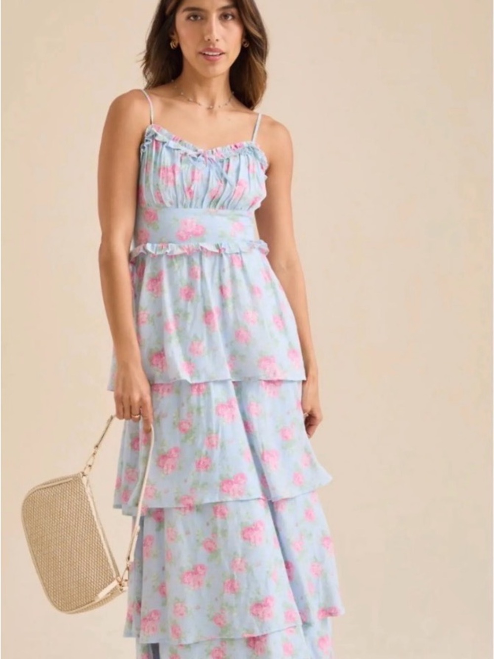Altar'd State Light Blue Maxi Dress with Pink Floral Print